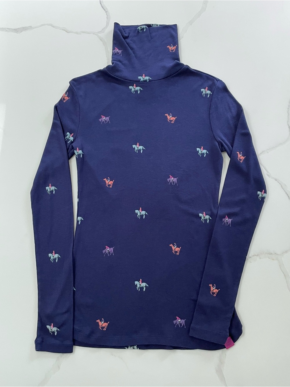 Joules Bancroft Navy Blue Colorful Equestrian Horse Print Turtleneck, Size Small